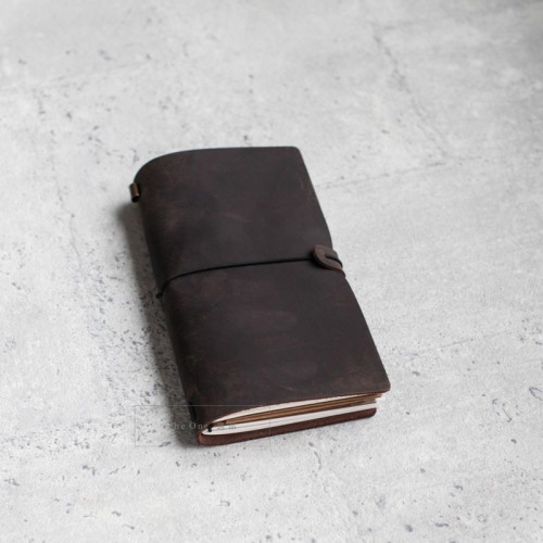 瘋馬皮深棕色真皮隨身旅行記事手帳本(L)