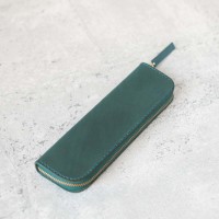 湖綠硬挺立體植鞣真皮革筆袋