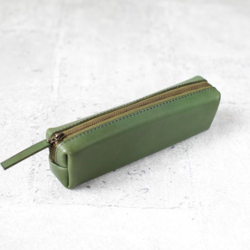 橄欖綠色立體鞣真皮筆袋 (長款)