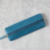 植鞣牛皮土耳其藍色長方形扁真皮筆袋