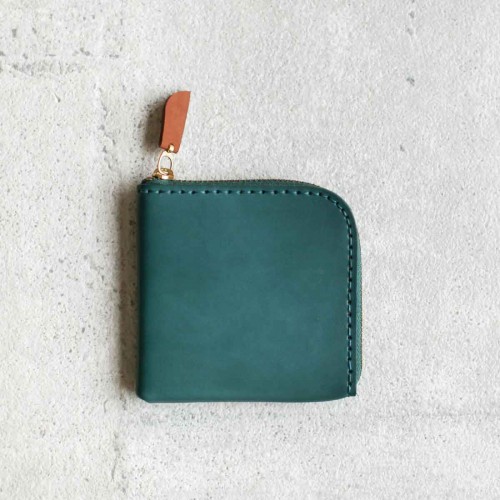 湖綠色植鞣真牛皮手工零錢包皮夾