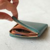 湖綠色植鞣真牛皮手工零錢包皮夾