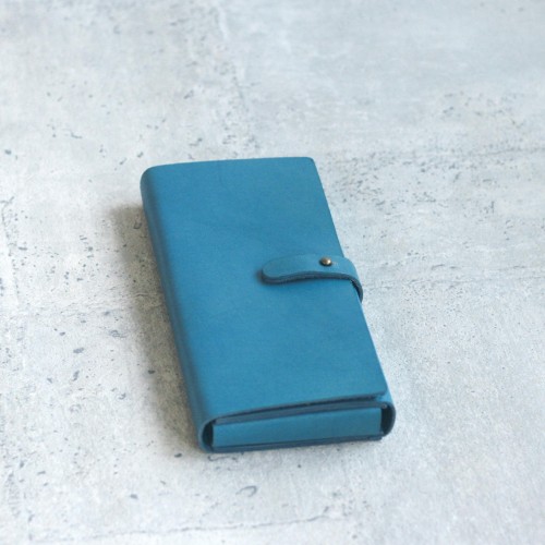 土耳其藍色真皮手工簡約長夾票卡夾