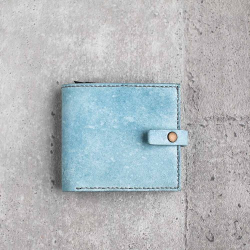 全手工淡灰藍色真牛皮皮夾