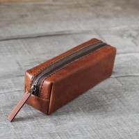 咖啡棕色立體植鞣牛皮革筆袋 (中型)