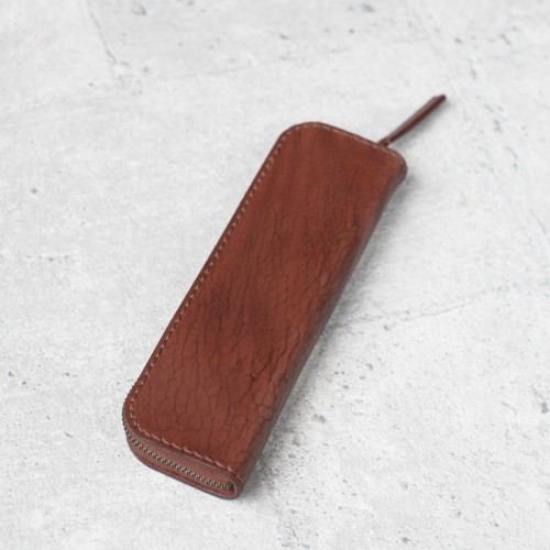 復古舊感深棕色硬挺立體植鞣真皮革筆袋