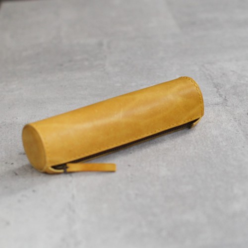 柚黃色真皮手工圓筒筆袋 柚黃色真皮手工圓筒筆袋