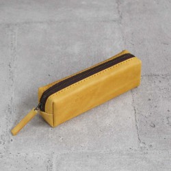 柚黃色立體植鞣真皮革筆袋