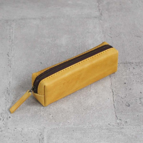 柚黃色立體植鞣真皮革筆袋