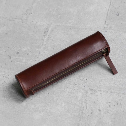 深咖啡色真皮手工圓筒筆袋