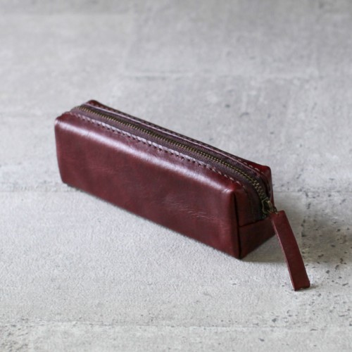 深酒紅色植鞣牛皮立體方形筆袋