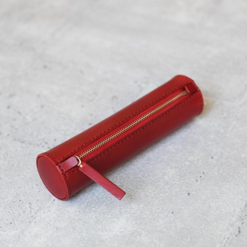 玫瑰紅色真皮手工圓筒筆袋 玫瑰紅色真皮手工圓筒筆袋