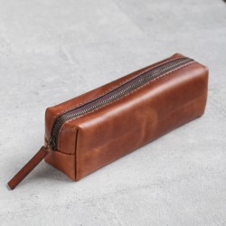 立體植鞣淡棕色皮革筆袋小物盒（特大款）
